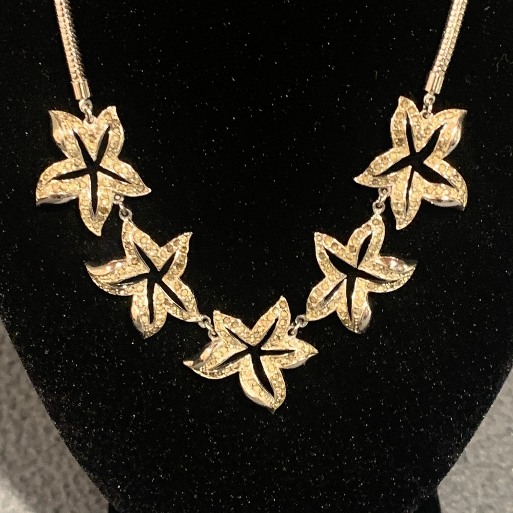 Vintage Silver Tone Rhinestone Floral Star Flower Snake‎ Chain Necklace 16"